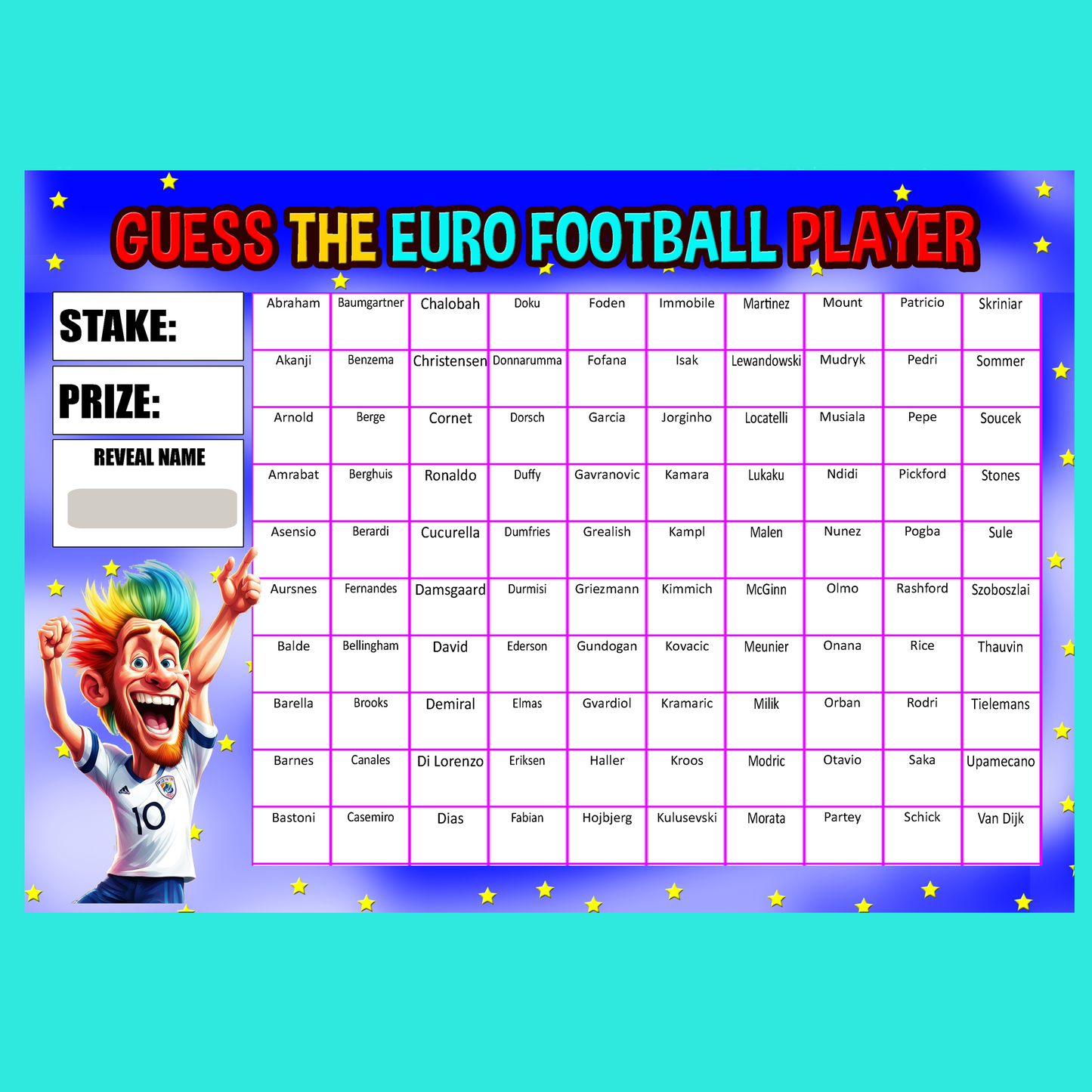 Predict the Euro Football Player Fundraising Scratch Card Game 100 Name Pub Game