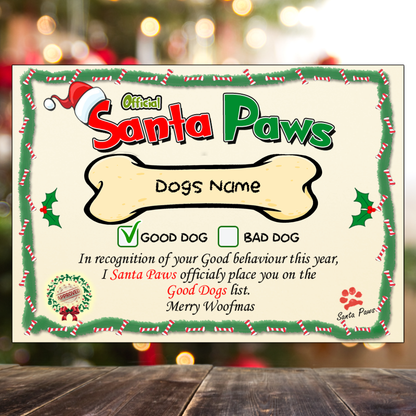 Personalised Dog Santa Paws Certificates