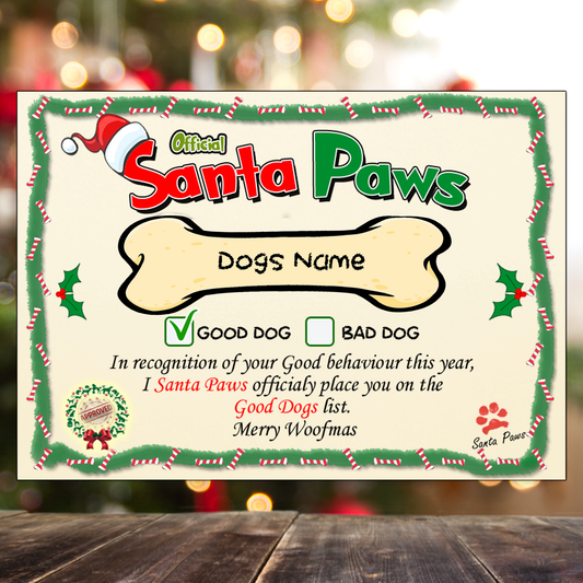 Personalised Dog Santa Paws Certificates