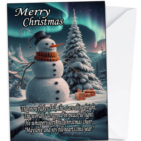 Merry Christmas Greeting Card, Snowman and Tree Scene