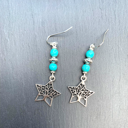 Turquoise Star Tree Of Life Dangle Earrings