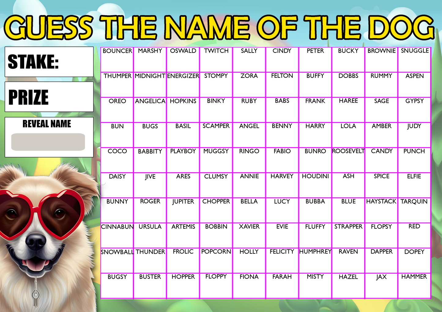 Fundraising Scratch card Game Guess the Dogs Name Fete Fayre A4