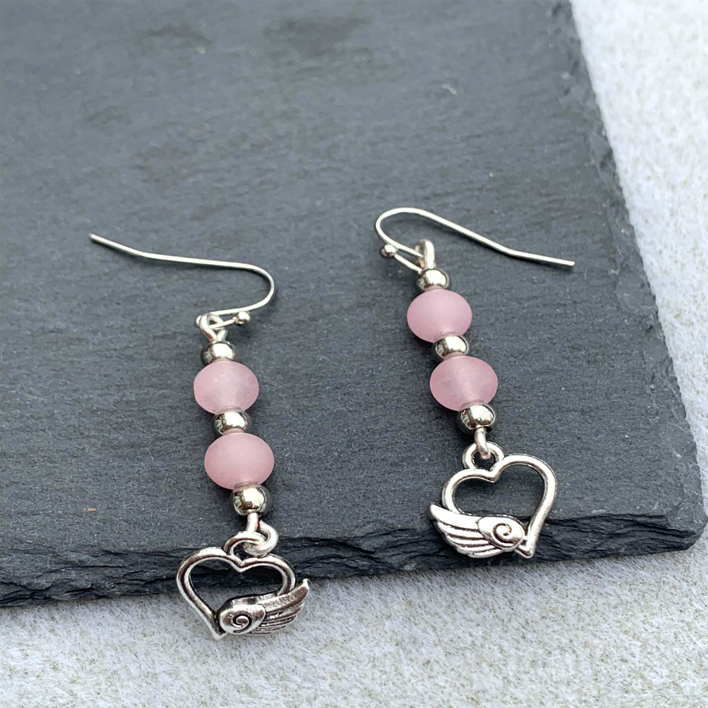 Frosted Pink Angel Heart Earrings