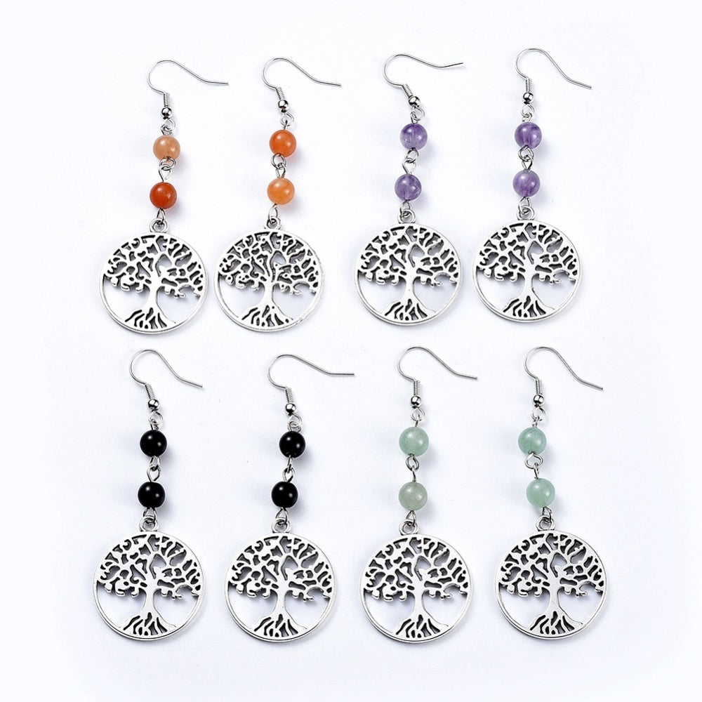 Tree of Life Long Drop Bead Earrings